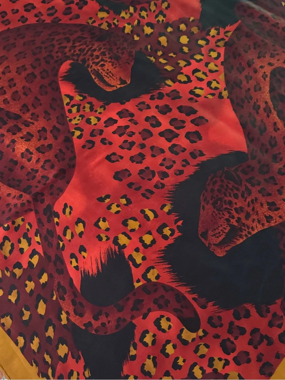 YSL Scarf. Vibrant Red Leopard Motif Silk Scarf